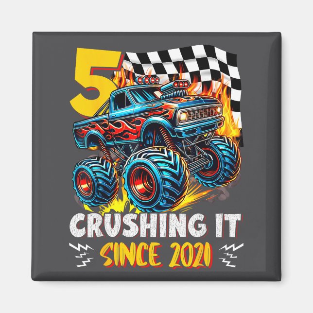 Imã Birthday Monster Truck 5 Year Old Boys 5th Party B (Frente)