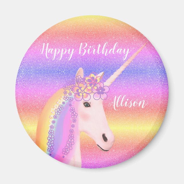 Imã Birthday Unicorn Pastel Rainbow Glitter Name (Frente)