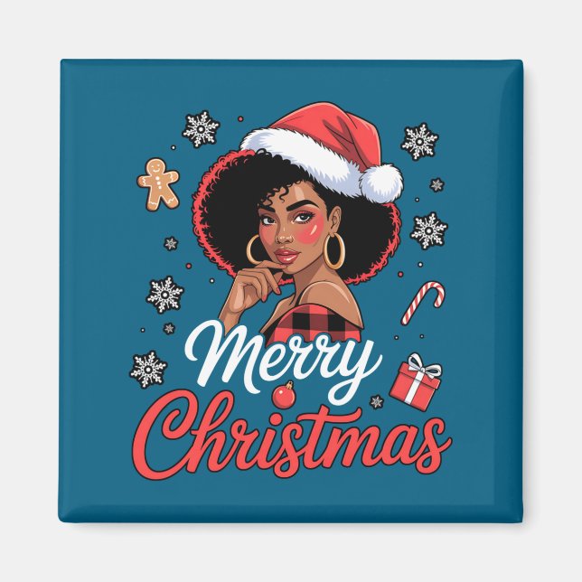 Imã Black African Girl American Merry Christmas Santa  (Frente)