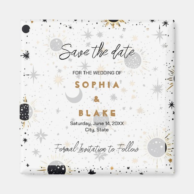 Imã Black and Gold Celestial Wedding Save the Date (Frente)