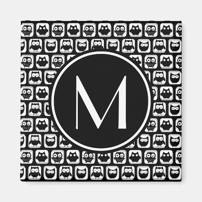 Imã Black and White Owls Personalized Monogram (Frente)