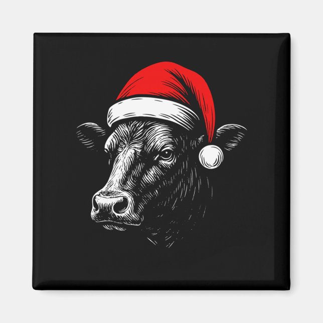 Imã Black Angus Rancher Christmas Cow Santa Hat Farmer (Frente)