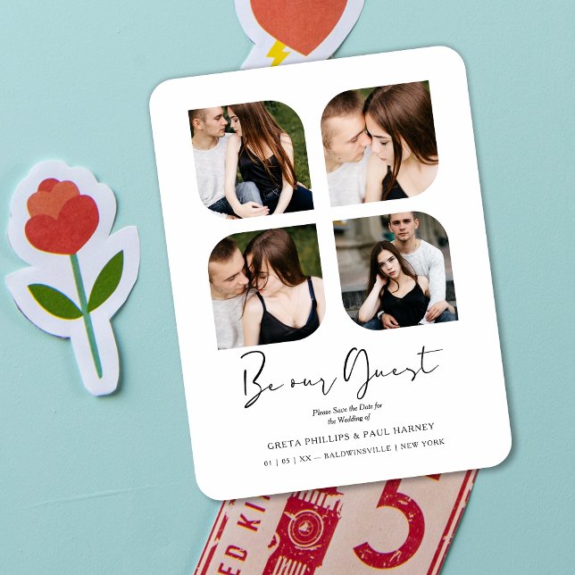 Ímã Black Be our Guest Clover Collage 4 Fotos Casament (White Be our Guest Quote Clover Collage 4 Photos Wedding Save the Date Magnet. )