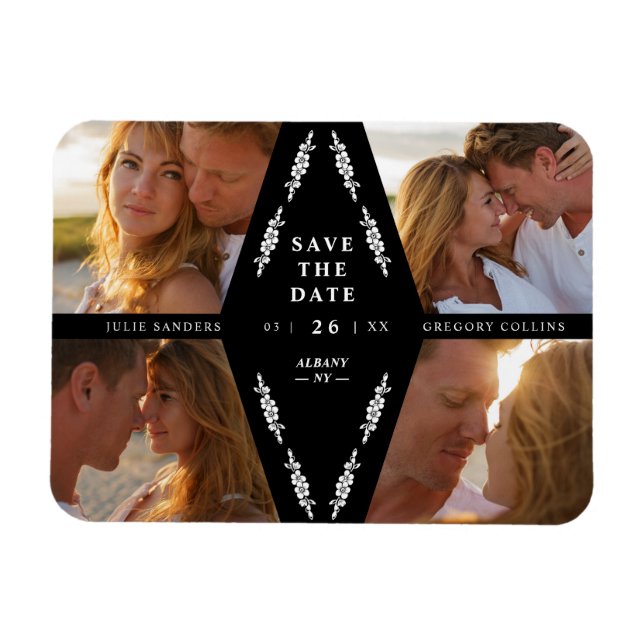 Ímã Black Botanical Modern Collage 4 Photos Wedding (Horizontal)