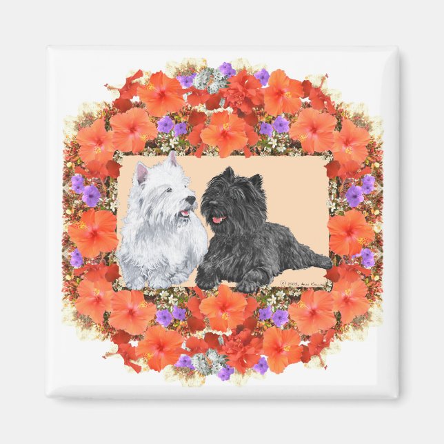Imã Black Cairn e Terriers Westie em Floral (Frente)