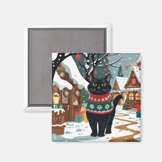 Imã Black Cat Christmas Snow Holiday (Front/Back)
