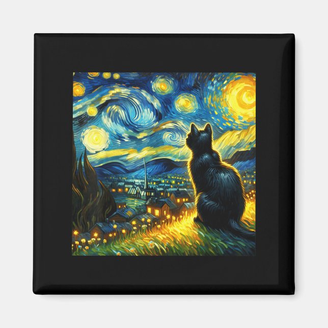 Imã Black Cat Funny Cat Lover Mom Daddy Starry Night V (Frente)