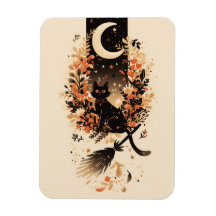 Black Cat on Witch’s Broom Under the Moon
