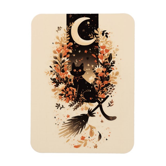 Ímã Black Cat on Witch’s Broom Under the Moon (Vertical)