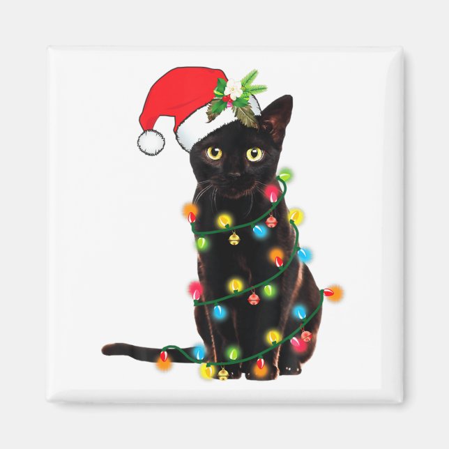Imã Black Cat Santa Tangled Up In Christmas Lights  (Frente)