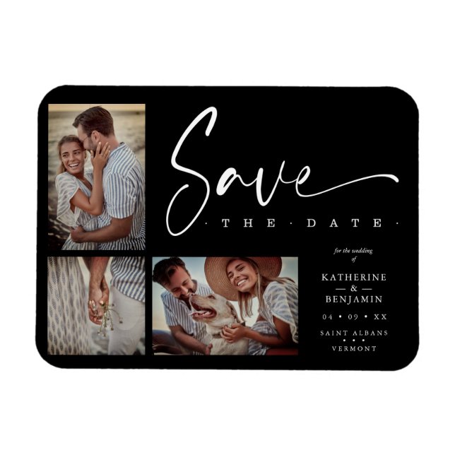 Ímã Black Chic Trendy Collage Wedding Covid19 3 Fotos (Horizontal)