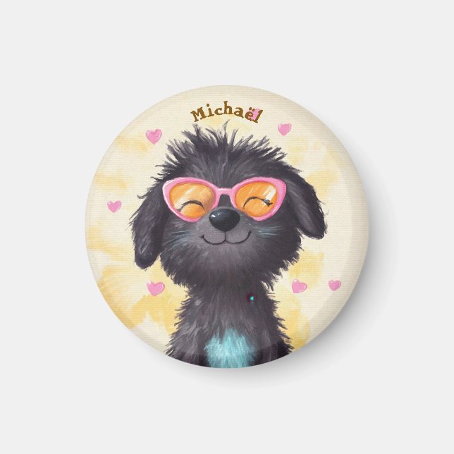 Imã Black Dog Valentine's Day Heart Badge Kids School  (Frente)