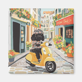 Imã Black Doodle Riding Scooter European City Streets