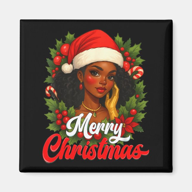 Imã Black Girl Santa Hat Merry Christmas Pajama Africa (Frente)