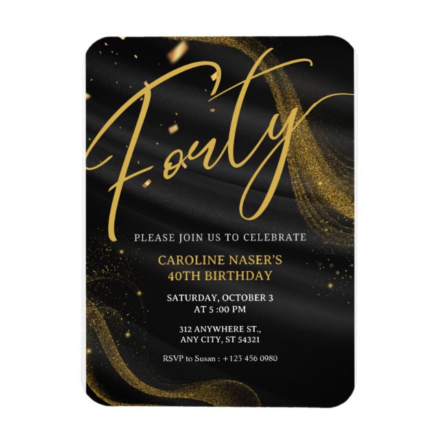 Ímã Black & Gold Glitter 40th Birthday Invitation   (Vertical)