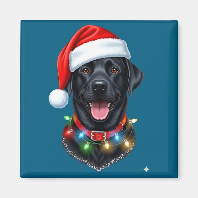 Imã Black Lab Labrador Christmas Dog Santa Hat Light P (Frente)