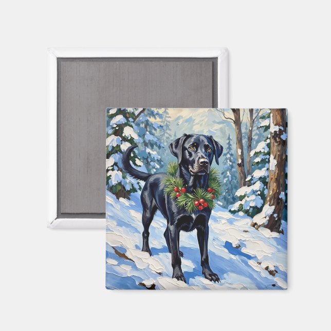 Imã Black Lab Serene Winter Forest Christmas Holiday (Front/Back)