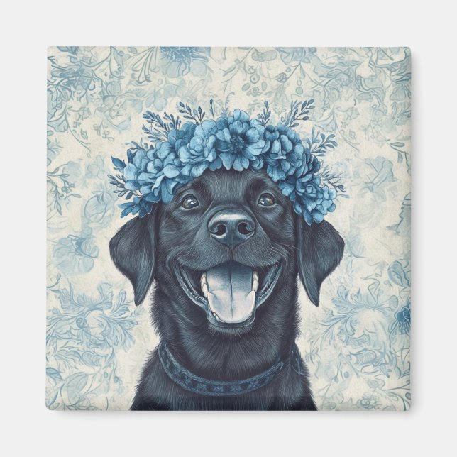 Imã Black Labrador Retriever Dog Blue Floral Kitchen (Frente)
