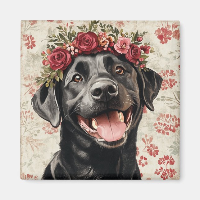 Imã Black Labrador Retriever Dog Red Floral Kitchen (Frente)