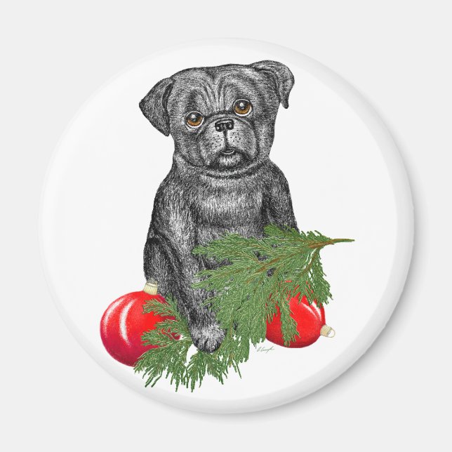 Imã Black Pug Puppy Adorável Arte De Natal (Frente)