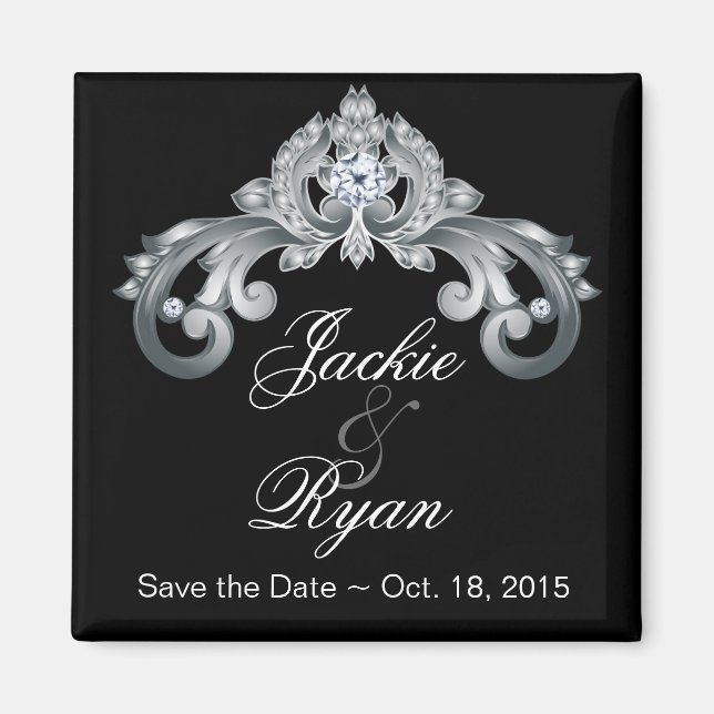 Imã Black Save the Date Weding Elegant Silver Anniver (Frente)