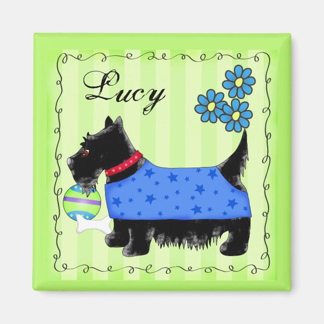 Imã Black Scottie Terrier Dog Name Personalizado Green (Frente)