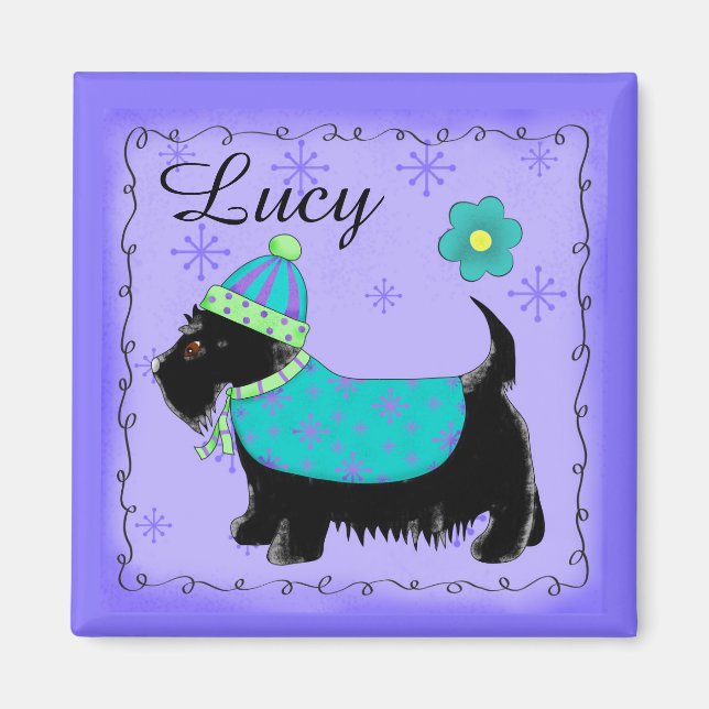 Imã Black Scottie Terrier Dog Name Personalize Purple (Frente)