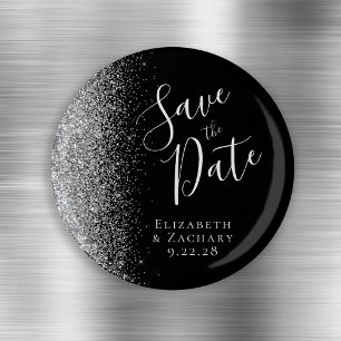 Imã Black Silver Glitter Script Save the Date