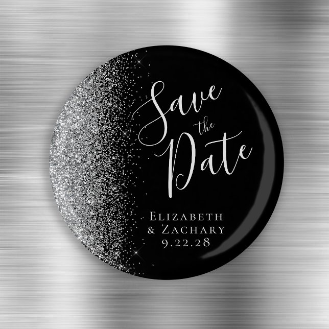Imã Black Silver Glitter Script Save the Date (Criador carregado)