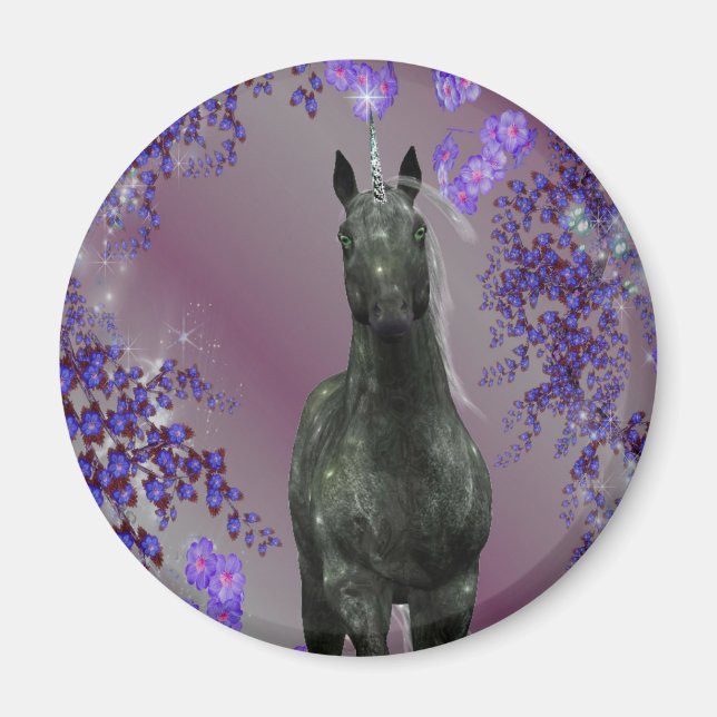 Imã Black Unicorn Flowers Fantasy Magnet (Frente)