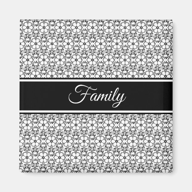 Imã Black White Abstract Flower Pattern Family Magnet (Frente)