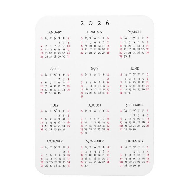 Ímã Black White Full Year 2026 Calendar Fridge Kitchen (Vertical)