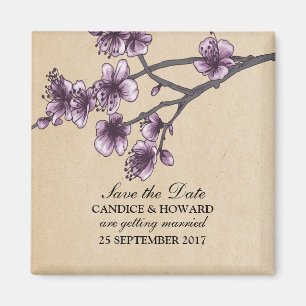 Imã Blossomas de Cereja de Vintage Roxo Salvem a Data