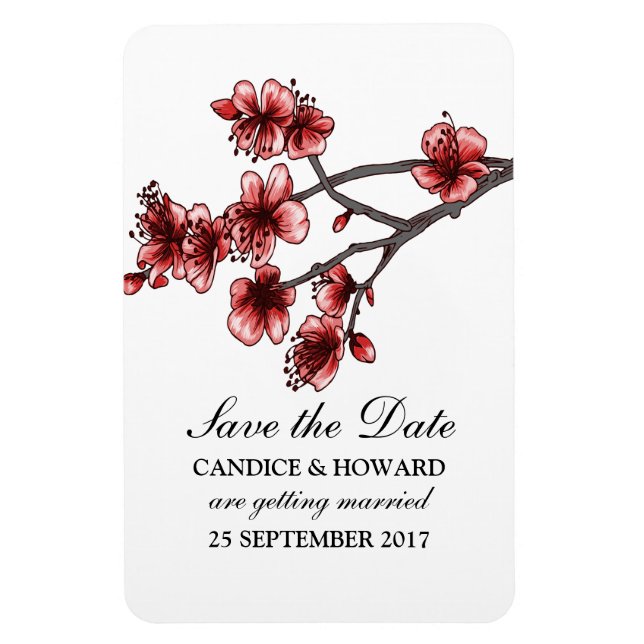 Ímã Blossomas de Cereja Simples Vermelho Salvem a Data (Vertical)