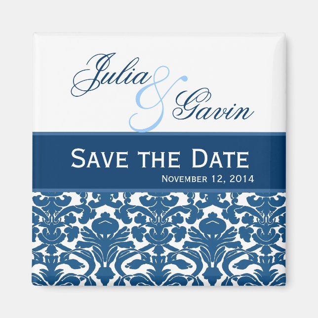 Imã Blue amd White Damask Save the Date Wedding V397 (Frente)