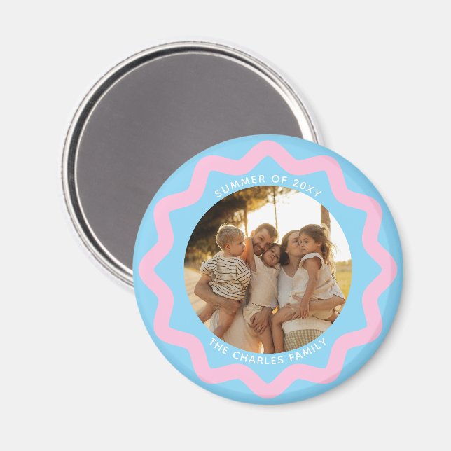 Imã Blue and Pink Wavy Circle Photo Frame with Text (Front/Back)