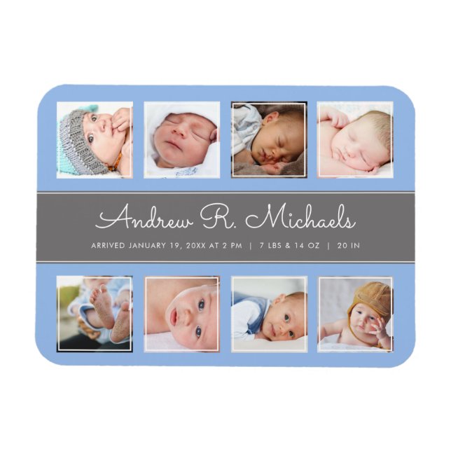 Ímã Blue baby boy Newborn Photo Collage Announcement (Horizontal)