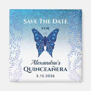 Imã Blue Butterfly Quinceanera Salve A Data Convite