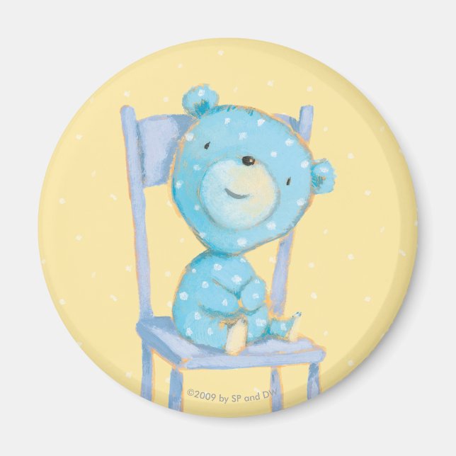 Imã Blue Calico Bear Sorrindo em Cadeira (Frente)
