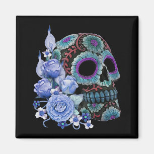 Imã Blue Floral Black Sugar Skull Day Of The Dead