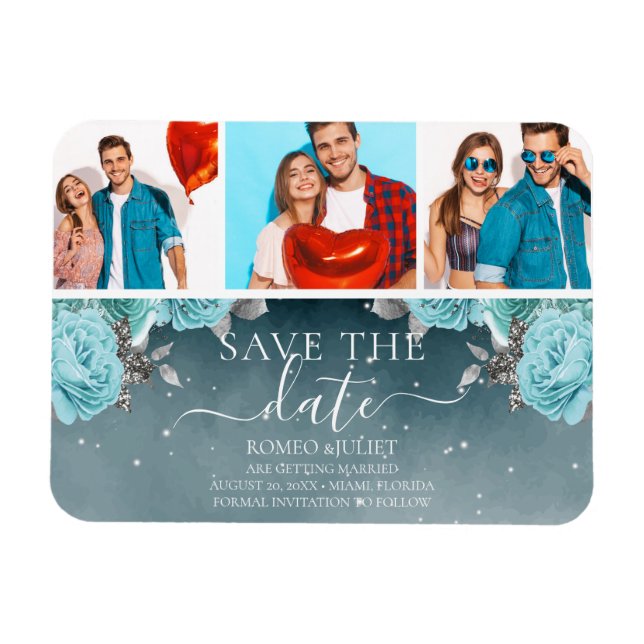 Ímã Blue Floral Wedding Save the Date Photo Collage (Horizontal)