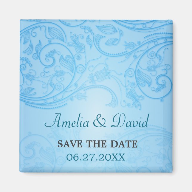 Imã Blue Flourish Wedding Save the Date Magnet (Frente)