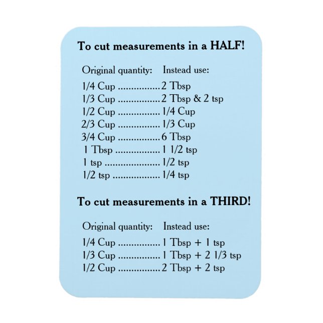Ímã Blue Fridge Kitchen Recipe Converter Half & Third  (Vertical)