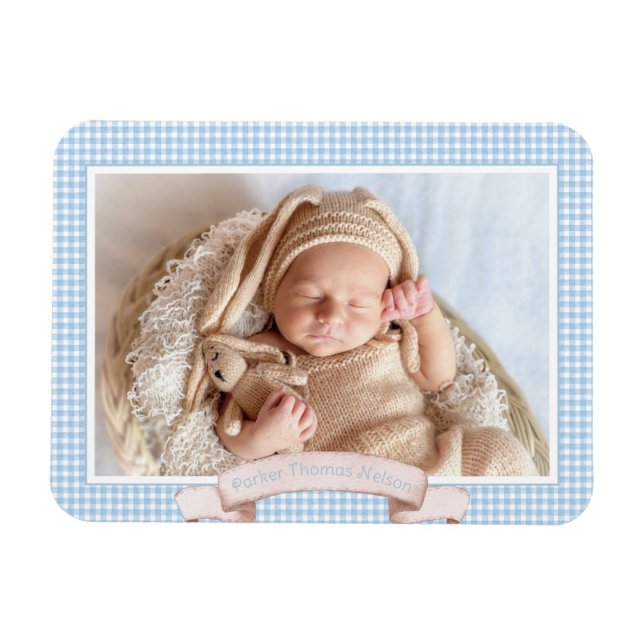 Ímã Blue Gingham Baby Photo (Horizontal)