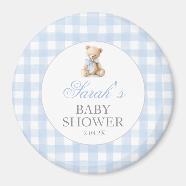 Imã Blue Gingham Bear Baby Shower (Frente)