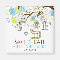 Blue & Green Birdcages Floral Save the Date Magnet