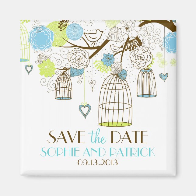 Imã Blue & Green Birdcages Floral Save the Date Magnet (Frente)