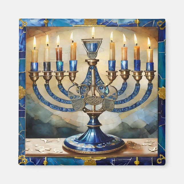 Imã Blue Hanukkah Menorah (Frente)