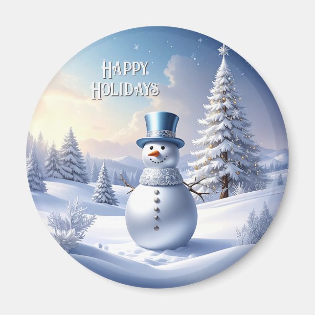 Imã Blue Hat Snowman Christmas Tree Holiday Magnet (Frente)