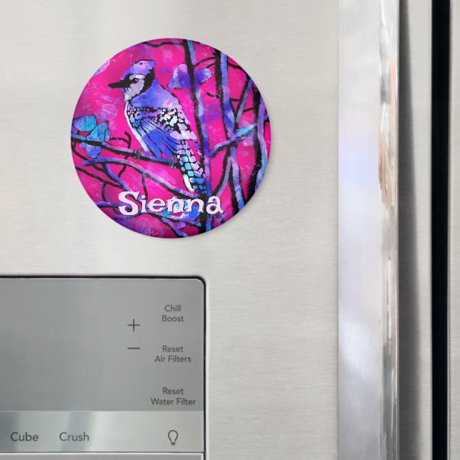 Imã Blue Jay Bird Tree Branch Pink Personalized  (In Situ (Fridge))